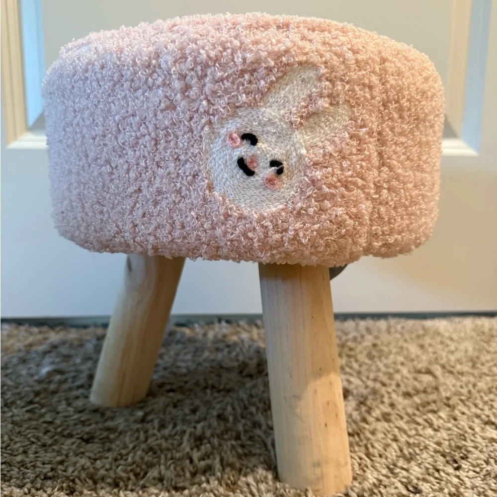Pink Bunny Accent Ottoman Stool with Wooden Legs